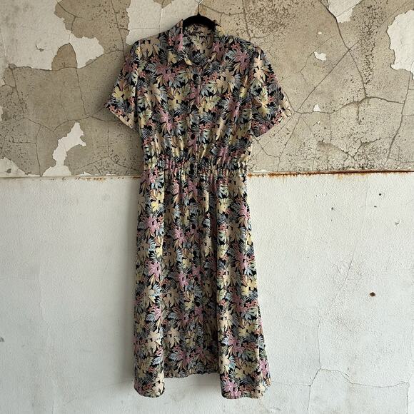 Vintage Dresses & Skirts - Vintage Floral Button Front Midi Dress Pastel Tropical Print Size M